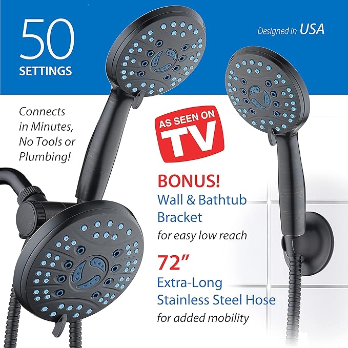 Hotel Spa AquaCare for California As-Seen-On-TV High Pressure Handheld Rain 50-mode 3-way Shower Head Combo, Anti-clog Jets, 2-mode Tub & Pet Power Wash, Wall Bracket, 6 ft. Hose, Rubbed Bronze