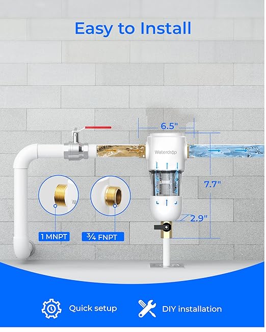 Waterdrop Spin Down Sediment Filter, Reusable Whole House Water Filter System, Flushable Pre-Filter System for City/Well Water, 50 Micron, 1" MNPT + 3/4" FNPT, WD-PF01