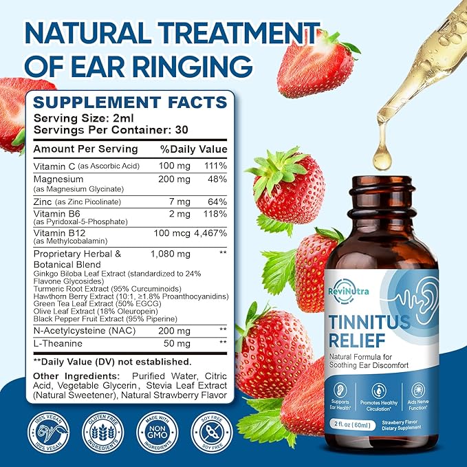 Tinnitus Relief for Ringing Ears, Ear Tinnitus Relief Drops, Herbal Ringing Relief with Ginkgo Biloba, Vitamin C, B12 for Ear Clicking Buzzing, Improving Hearing for Men and Women, Strawberry 2 Fl Oz