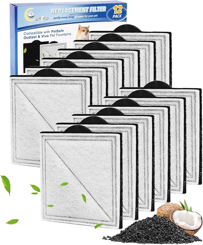12 Pack Cat Water Fountain Filter Replacement Compatible with PetSafe Outlast Pumpless Fountains, Fit for Viva Stainless Steel Cat Fountain