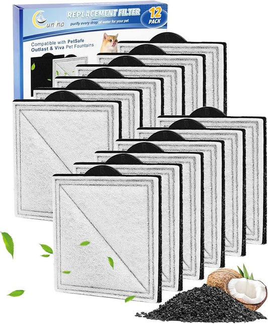 12 Pack Cat Water Fountain Filter Replacement Compatible with PetSafe Outlast Pumpless Fountains, Fit for Viva Stainless Steel Cat Fountain