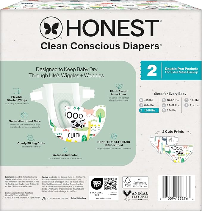 The Honest Company Clean Conscious Diapers for Delicate Skin | Up to 100% Leakproof | Hypoallergenic, Fragrance Free | Gender Neutral | Club Box, Size 2 (12-18 lbs), 72 Count (Prints May Vary)