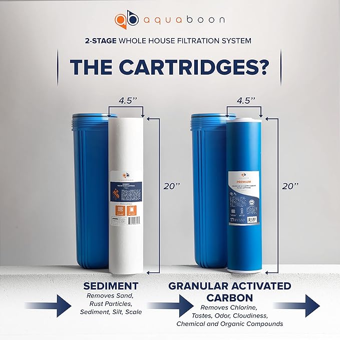 2-Stage Whole Home Water Filtering System Chlorine & Sediment Reducing, 20x4.5 GAC & Sediment Filters Included with Gauge & Release, Wrench, Bracket