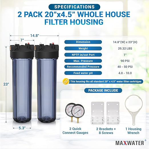 Max Water Whole House 20" x4.5" Purple Clear WH Water Filter Housing 1 inch Inlet/Outlet Ports with Pressure Gauge Wrench and Bracket (2 Housing + 2 Pressure Gauge)