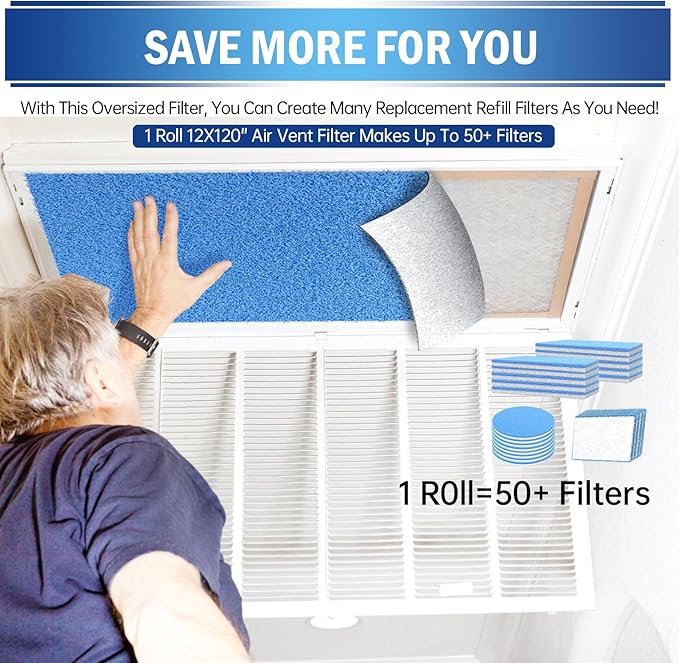 2 Rolls Air Vent Filters, 120" x 12" Cut to Size Air Filter (100+ Filters), MERV 8 Triple Vent Filter Kit for Floor Registers, Grilles, Ceiling, Wall HVAC Furnace Vents, With Adhesive Hook Tape