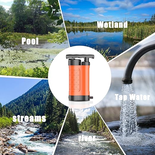Water Filter Pump, 0.01 Micron 5-Stage Water Filter,Portable Outdoor Emergency and Survival Gear - Camping, Hiking, Backpacking (K8188-Orange)