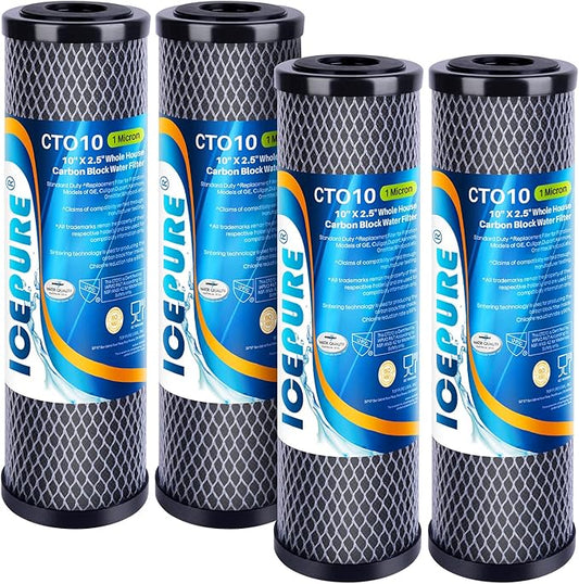 ICEPURE 1 Micron 2.5" x 10" Whole House CTO Carbon Sediment Water Filter Cartridge Compatible with DuPont WFPFC8002, WFPFC9001, SCWH-5, WHCF-WHWC, WHCF-WHWC, FXWTC, CBC-10, RO Unit, Pack of 4