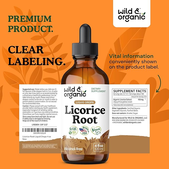 Wild & Organic Licorice Root Tincture - Digestive, Lung & Skin Support - Licorice Root Extract Liquid Drops - Vegan, Sugar & Alcohol-Free Supplement - 4 fl oz