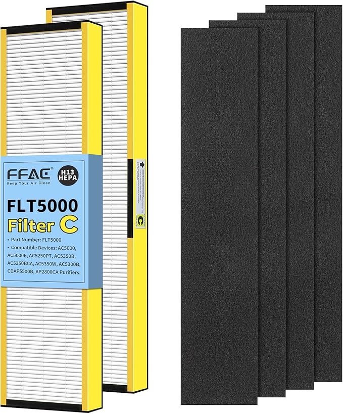 FLT5000 Filter-C True HEPA Replacement Filter for Guardian AC5000E AC5000 Air Purifier Compatible with AC5250PT, AC5350B, AC5350W, AC5350BCA, AC5300B Air Cleaner, 2 Pack HEPA + 4 Pre-Filters
