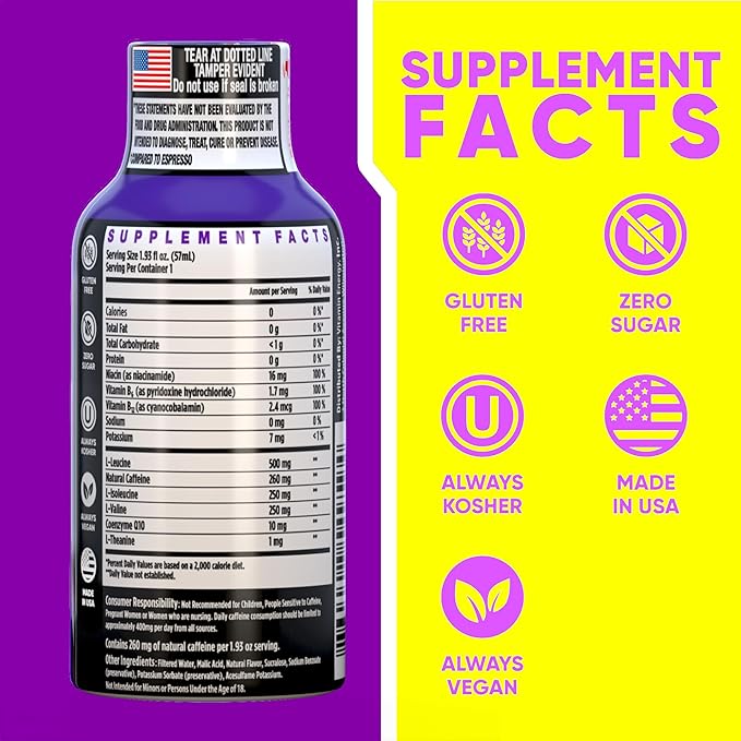 Vitamin Energy Focus+ Extra Strength Energy Shot Berry 24 Pack, 260mg Natural Caffeine, B-Vitamins, CoQ10, Amino Acids, Focus, Productivity & Clarity, Zero Sugar, Gluten-Free, 1.93 fl oz