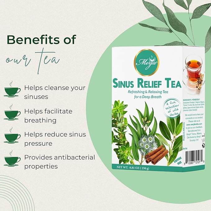 Merja Herbs Sinus Relief Tea - For Sinus Cleanse - Reduce Sinus Discomfort - Mediterranean Loose - Caffeine Free - 100% Natural & Premium Quality 250gr 8.82 oz