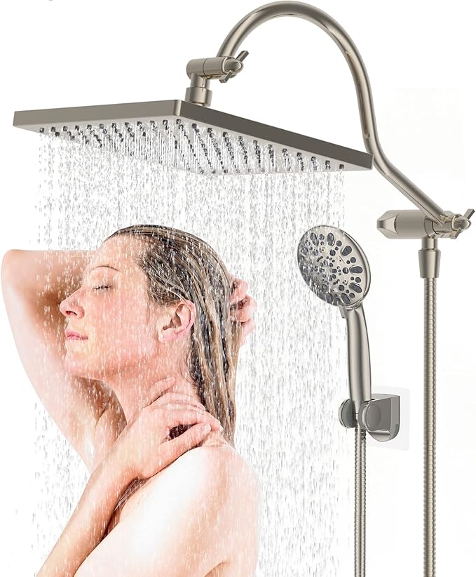 Hibbent 10" Thickness Metal Rainfall Shower Head/Handheld Showerhead Combo with 12'' Adjustable Curved Shower Extension Arm, 7-Spray, 71'' Hose, Adhesive Showerhead Holder, Brushed Nickel