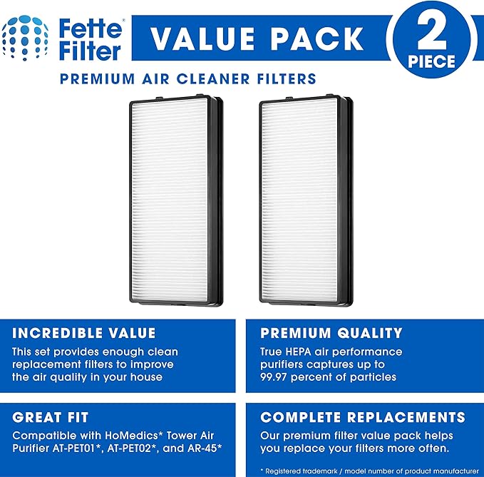 Fette Filter - at-OFL True Hepa Replacement Filter Compatible with HoMedics TotalClean True HEPA Tower Air Purifier Model AT-PET01 AT-PET02 and AR-45 Part Number at-OFL (Pack of 2)