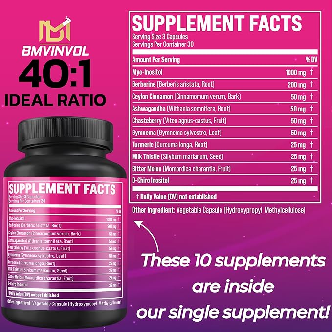 BMVINVOL Inositol Supplement - Myo-Inositol and D-Chiro Inositol Ideal 40:1 Ratio - Plus Berberine, Cinnamon, Ashwagandha + 5 More - 90 Capsules