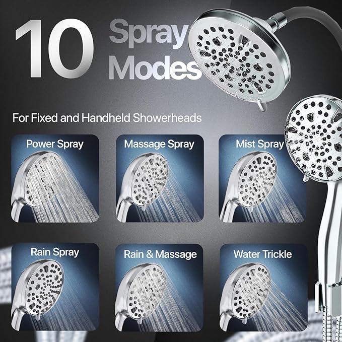 AQUAZEN® Dual Shower Head Combo | Adjustable Rainfall + Handheld Shower | 6 Spray Modes Each | Flexible Mount & Swivel Heads | 5ft Stainless Steel Hose | Premium Nickel Finish | Fits All US Showers