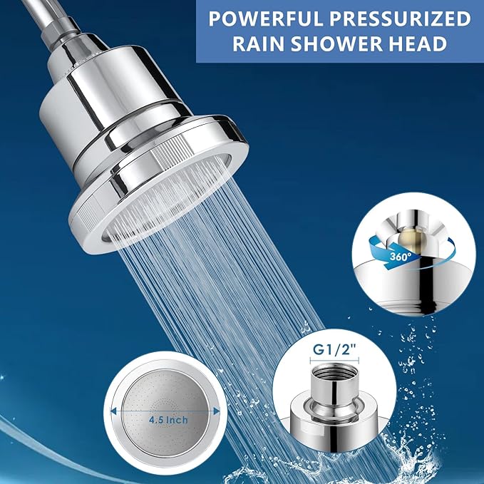 Voolan Filtered Shower Head - 20 Stage Luxury Rain Shower Filter For Hard Water for Remove Chlorine and Harmful Substances - 4.5" Round High Pressure Rainfall Showerhead (Chrome)