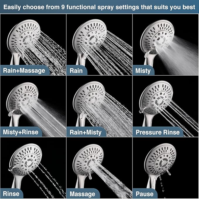 BRIGHT SHOWERS 9 Spray Settings Shower Head with Handheld High Pressure Brushed Nickel Hand Held Showerhead with 60 Inch Stainless Steel Hose and Adjustable Overhead Bracket