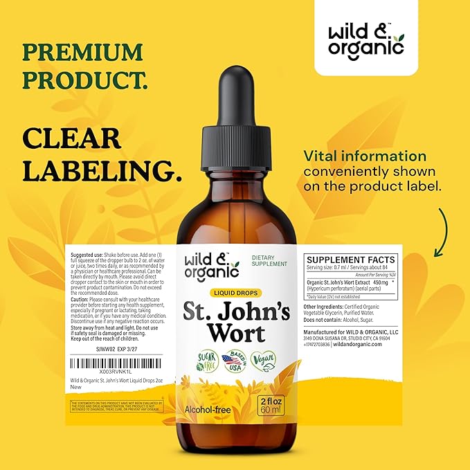 Wild & Organic St Johns Wort Tincture - Mood Support - Relaxing St. John's Wort Supplement - Liquid Hypericum Perforatum Herb Drops - Vegan, Sugar & Alcohol-Free - 2 fl oz