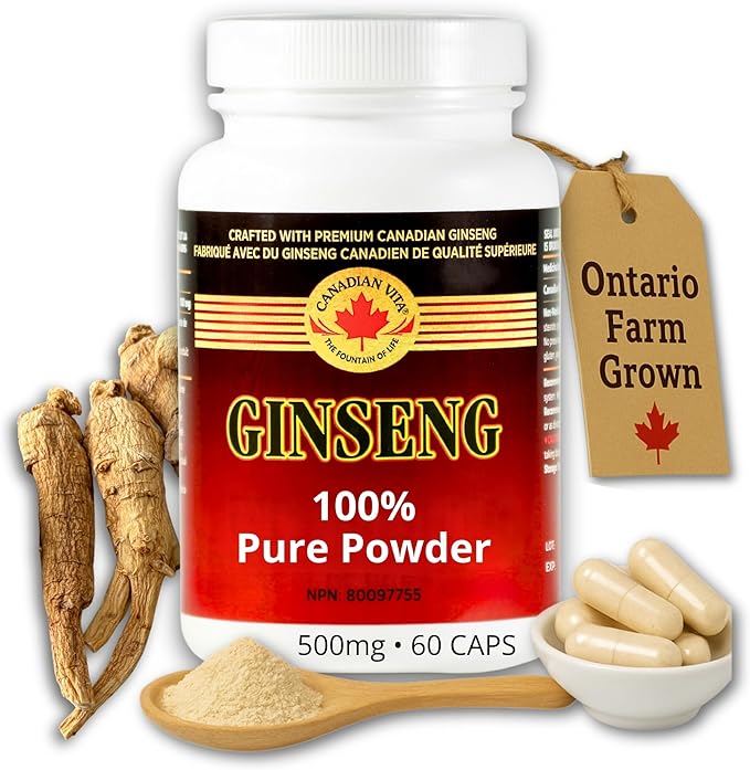 Ginseng Supplement 500mg - 60 Capsules - Pure Canadian Ginseng Root Powder - Energy | Focus | Immune Support - Authentic Ontario Farm Ginseng