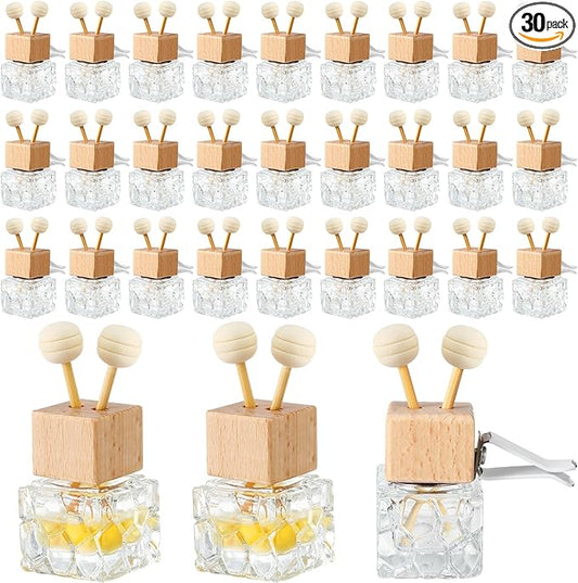 Zubebe 30 Pack Car Air Freshener Diffuser with Vent Clip Empty Car Diffuser Bottles for Essential Oil Perfume Glass Bottle with Wooden Caps Stick(Classic)