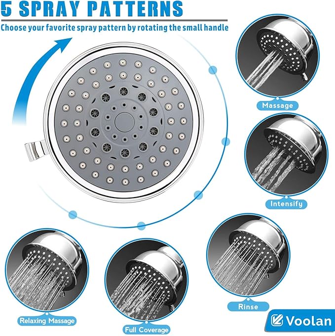 Voolan High Pressure Shower Head with Shower Arm - 5 Function Rain Shower Head - Comfortable Shower Experience Even at Low Water Flow - Chrome