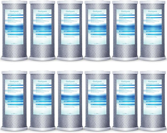 Geekpure 10-Inch Carbon Block Replacement Water Filter Cartridge for Whole House Water Filtration-4.5" x 10"-5 Micron (12)