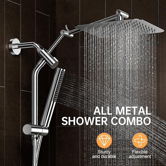Veken 10" Luxurious All Metal Rain Shower Head with Handheld, High Pressure Rainfall Shower Heads wih Extension Arm, Wide Dual Showerhead with Spray Combo, Bathroom Accessories, Chrome, Silver
