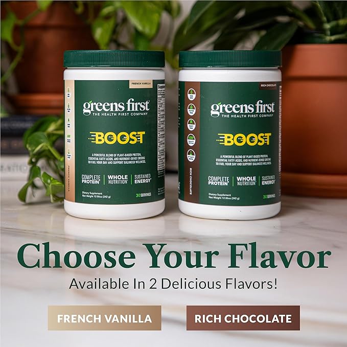 Greens First Boost - Plant-Based Protein & Balanced Nutrition - Superfood Shake Mix - No Wheat or Soy - Dairy-Free - Vegan - French Vanilla, 12.06 oz.