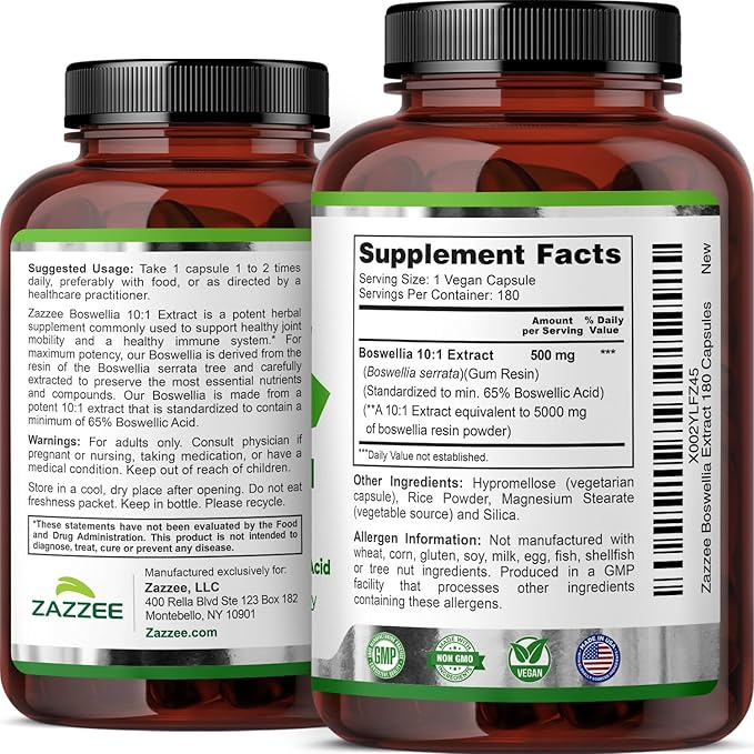 Zazzee Extra Strength Boswellia Serrata 10:1 Extract, 5000 mg Strength, 65% Boswellic Acid, 180 Vegan Capsules, 6 Month Supply, Standardized 10X High Potency, 100% Vegetarian, All-Natural, Non-GMO