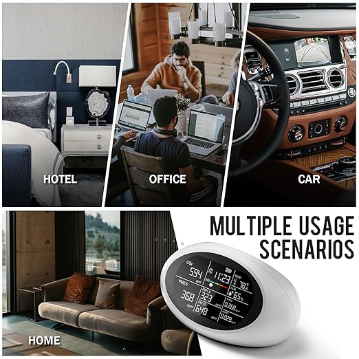 12 in 1 Air Quality Monitor Indoor, Portable Indoor Air Quality Meter for CO2, Temperature (°F), Humidity, VOC, PM2.5, PM1.0, PM10 & Time Display, CO2 Detector for Home