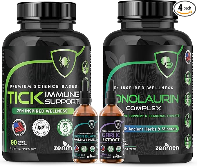 Zenmen Tick-Borne Support Lite Bundle - Longer Term Wellness Support After Exposure - 1 Tick Immune Support + 1 Monolaurin + 1 Green Black Walnut Tincture + 1 Garlic Tincture Bundle