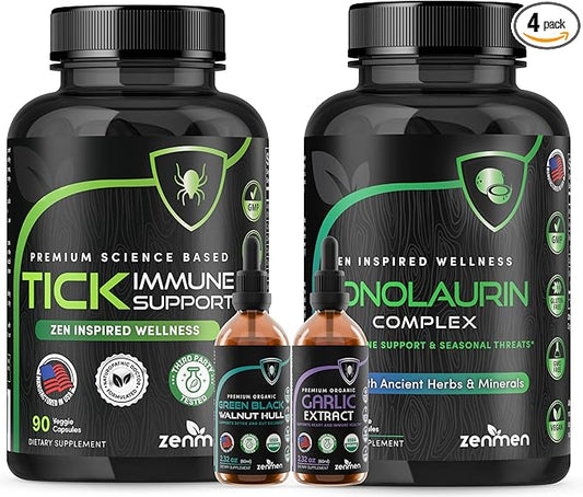 Zenmen Tick-Borne Support Lite Bundle - Longer Term Wellness Support After Exposure - 1 Tick Immune Support + 1 Monolaurin + 1 Green Black Walnut Tincture + 1 Garlic Tincture Bundle