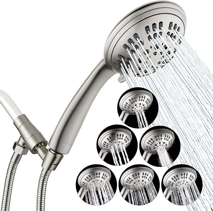 G-Promise High Pressure Shower Head 6 Spray Setting with Adjustable Solid Brass Shower Arm Mount and Extra Long Flexible Stainless Steel Hose (Brushed Nickel)