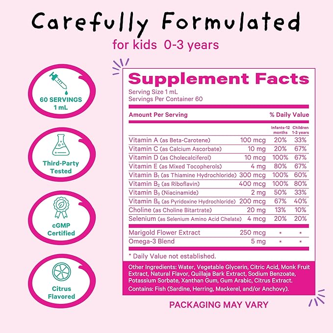 Pink Stork Baby Liquid Multivitamin Drops, Baby & Toddler Vitamin Drops with DHA, Vitamin C, D, B12 and Choline to Support Brain Health and Immune Function - 2 fl oz, 2 Month Supply