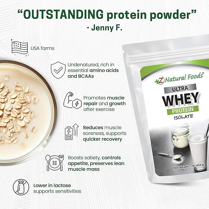 Z Natural Foods Ultra Whey Protein Isolate Powder - Pure, Unflavored, Unsweetened Whey Protein Powder - Flavorless Whey Isolate with Vital Proteins for Fitness, Sports Nutrition, Immune Support, 1 lb