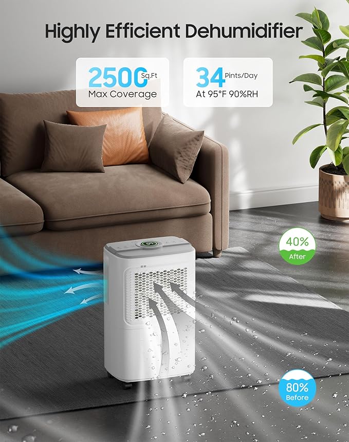 2500 Sq.Ft Dehumidifier for Basement Home, ASAHWo 34 Pints Dehumidifier with Drain Hose, Quiet Portable Dehumidifiers for Bathroom Large Room, Bedroom, Auto Defrost,Smart Humidity Control,24H Timer
