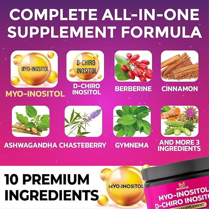 BMVINVOL Inositol Supplement - Myo-Inositol and D-Chiro Inositol Ideal 40:1 Ratio - Plus Berberine, Cinnamon, Ashwagandha + 5 More - 120 Capsules