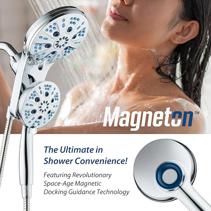 AquaCare Magneton High-Pressure 48-mode Luxury 3-way Combo System with Magnetic Guidance Docking, Giant Rain & Handheld Shower Head, Hygienic Jets and 6 ft. Stainless Steel Hose, All Chrome Finish