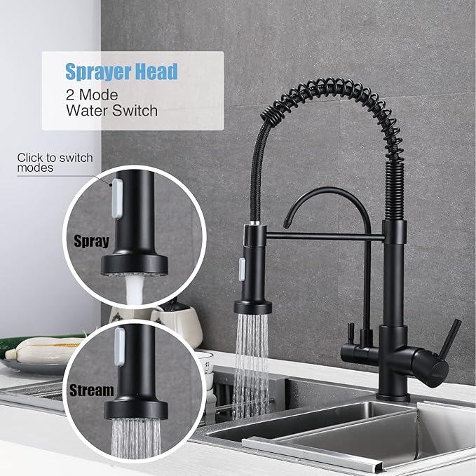 HUAHUALALA 3 in 1 Kitchen Sink Faucet 2 Handle with Spring Sprayer, Kitchen Faucet with Filter, Brass Drinking Water Faucets Reverse Osmosis Matte Black
