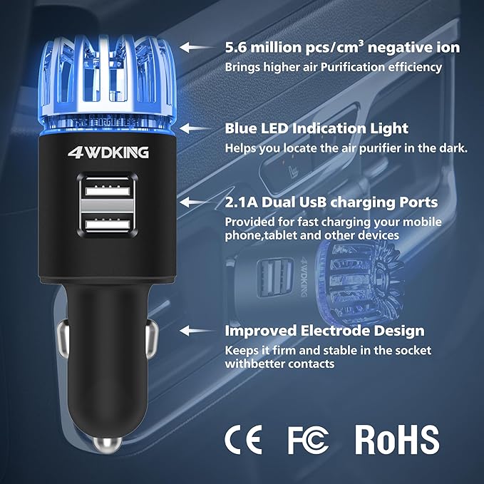 4WDKING Car Air Purifier Ionizer, 12V Plug-in Car Air Freshener Gadgets with Dual USB Charger Removes Cigarette Smoke, Pet and Food Odor, Ionic Ozone (Black)