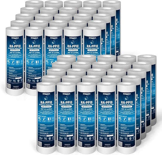 Ronaqua 50 Micron Sediment Water Filter Cartridge 10"x2.5", NSF Certified, 4-Layer Filtration for any 10-inch RO Units & Whole House Systems, Compatible with Culligan P5, AP110, WHKF-GD05, 50 Pack