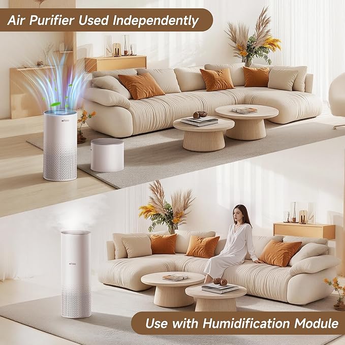 Afloia Humidifier and Air Purifier in One, Air Purifier and Evaporative Humidifier Combo for Home, 24dB Quiet Air Cleaner Remove Pets Dust Dander Hair Allergy Pollen Smoke Smell for Room, Pale Pink