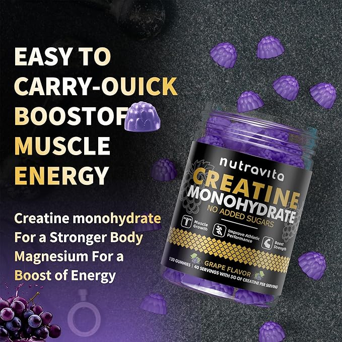 Creatine Monohydrate Gummies for Men & Women-5g of Creatine Monohydrate per Serving - Sugar Free,Vegan, Grapes Flavor, 120 Count
