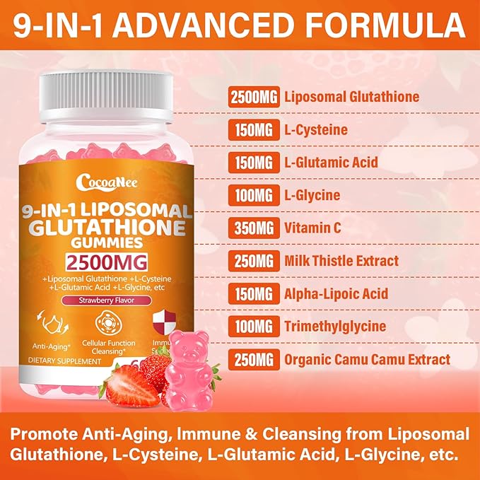 1 Pack 2500MG Liposome Glutathione Gummies, Composite L-Cysteine, L-Glycine Synergies, Collocation Milk Thistle Protect Liver, Increas 98% Absorption Rate, Whitening Skin Antioxidant Anti-Aging