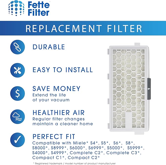 Fette Filter - HEPA Filters Compatible with Miele AirClean SF-HA 50 Filter for Model # S4, S5, S6, S8, S8000, S8999, S6000, S6999, S5000, S5999, S4000, S4999, Complete C2 & C3 (Pack of 6)
