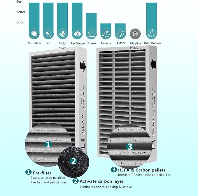 F1 Filter Allergen Reduction + Odor Removal, Compatible with Filtrete C01 T02 Room Air Purifier FAP-C01-F1 FAP-T02-F1, F1 Filter, 2 Pack