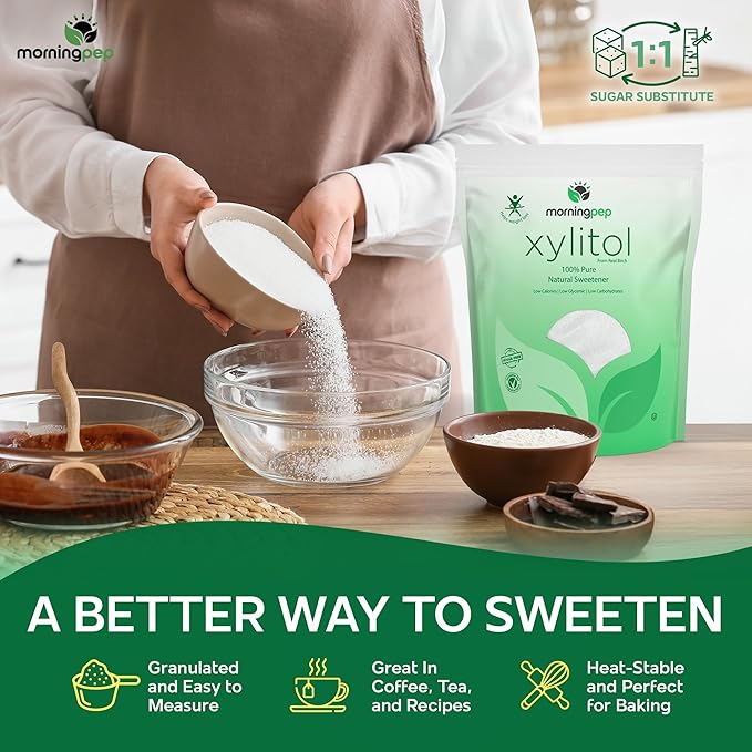 Morning Pep Pure Birch Xylitol (Keto Diet Friendly) Sweetener with no aftertaste 2.5 LBs (Not From Corn) NON GMO KOSHER GLUTEN FREE PRODUCT OF USA. 40 OZ