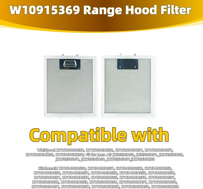 2Pcs W10915369 Range Hood Grease Filter Mesh Grease Vent Filter 5-Layer Aluminum Mesh 8.75 X 7.5 Inch Upgraded Stainless Steel Clips