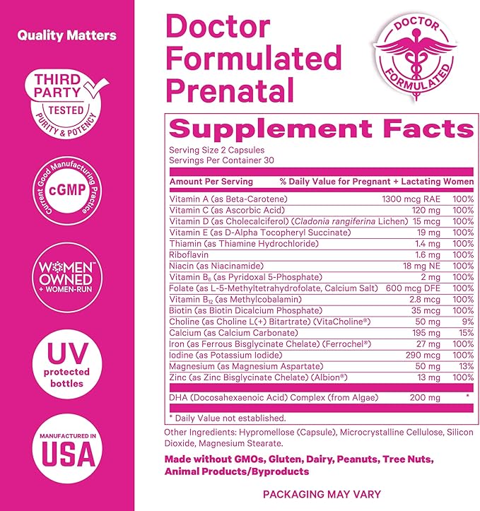 Pink Stork Total Prenatal Vitamins with DHA, Folate, Iron, Choline, and Vitamin B12 - Prenatals for Women to Support Fetal Development, Pregnancy Essentials, Berry Essence, 60 Capsules, 1 Month Supply