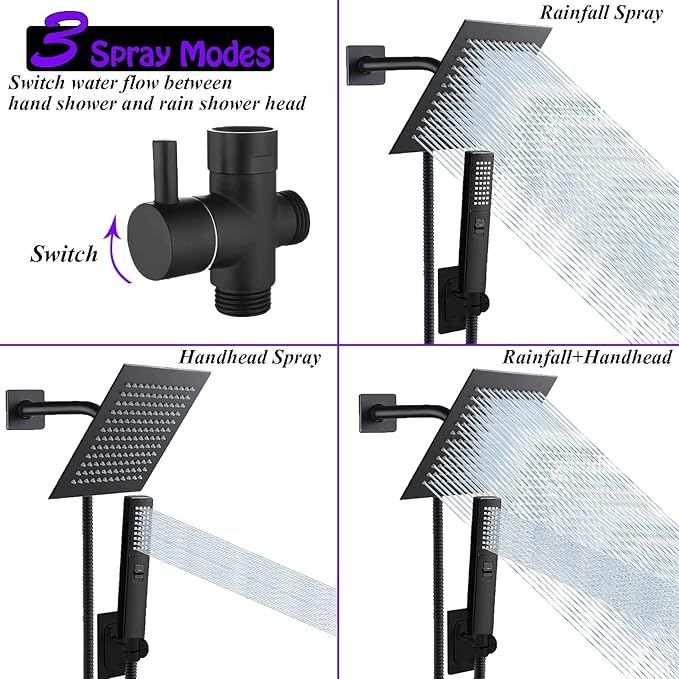 8"High Pressure Square Rain Shower Head and 2-in-1 Hand Shower.Equipped with 78"Hose, 3 Way Diverter Valve,Adhesive Shower Head Holder.(AWAXFOLO Square Shower Head Set Black)